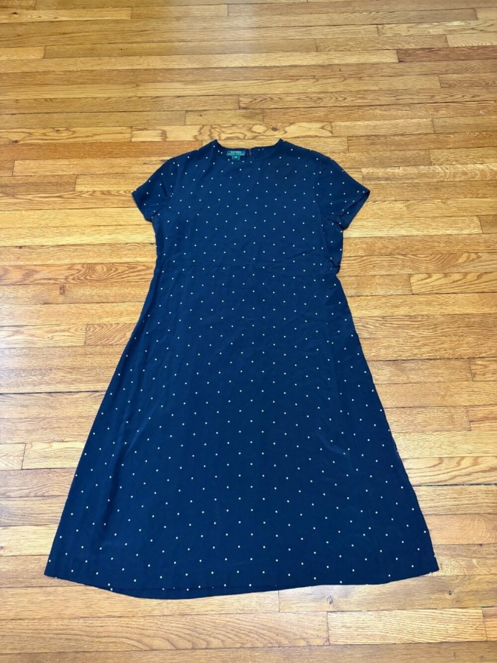 Vintage Lauren Ralph Lauren Womens 100% Silk Midi Dress Sz 14 Navy Polka Dot